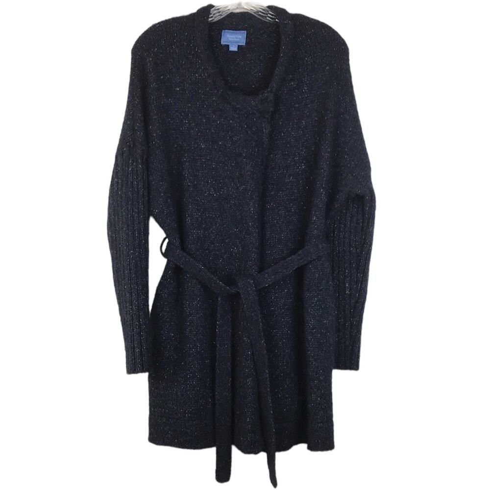 SimplyVera Vera Wang Knit Cardigan Tie Waist Sweater Pockets Marled Navy Large